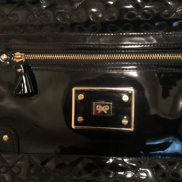 Beautiful Anya Hindmarch black quilted patent leather logo tote bag with strap
